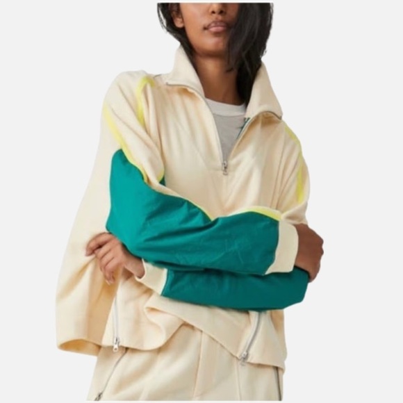 FP Movement Arena Stripe Half Pullover fleece dark green neon green, cream color - Picture 1 of 7